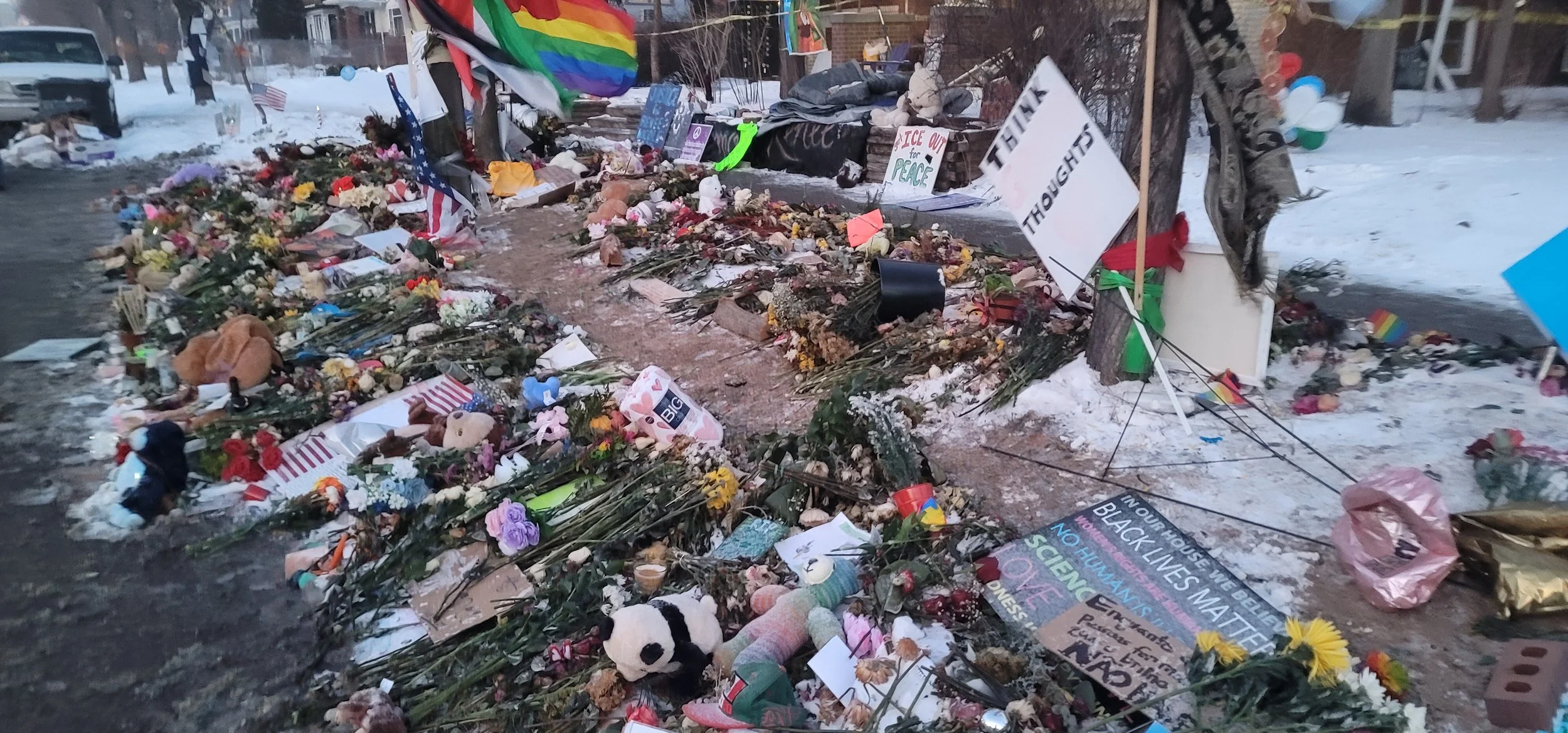 Renee Good's Memorial, This site was monitored by volunteers to make sure no one disterbed it. Sitting in the cold with a fire pit.