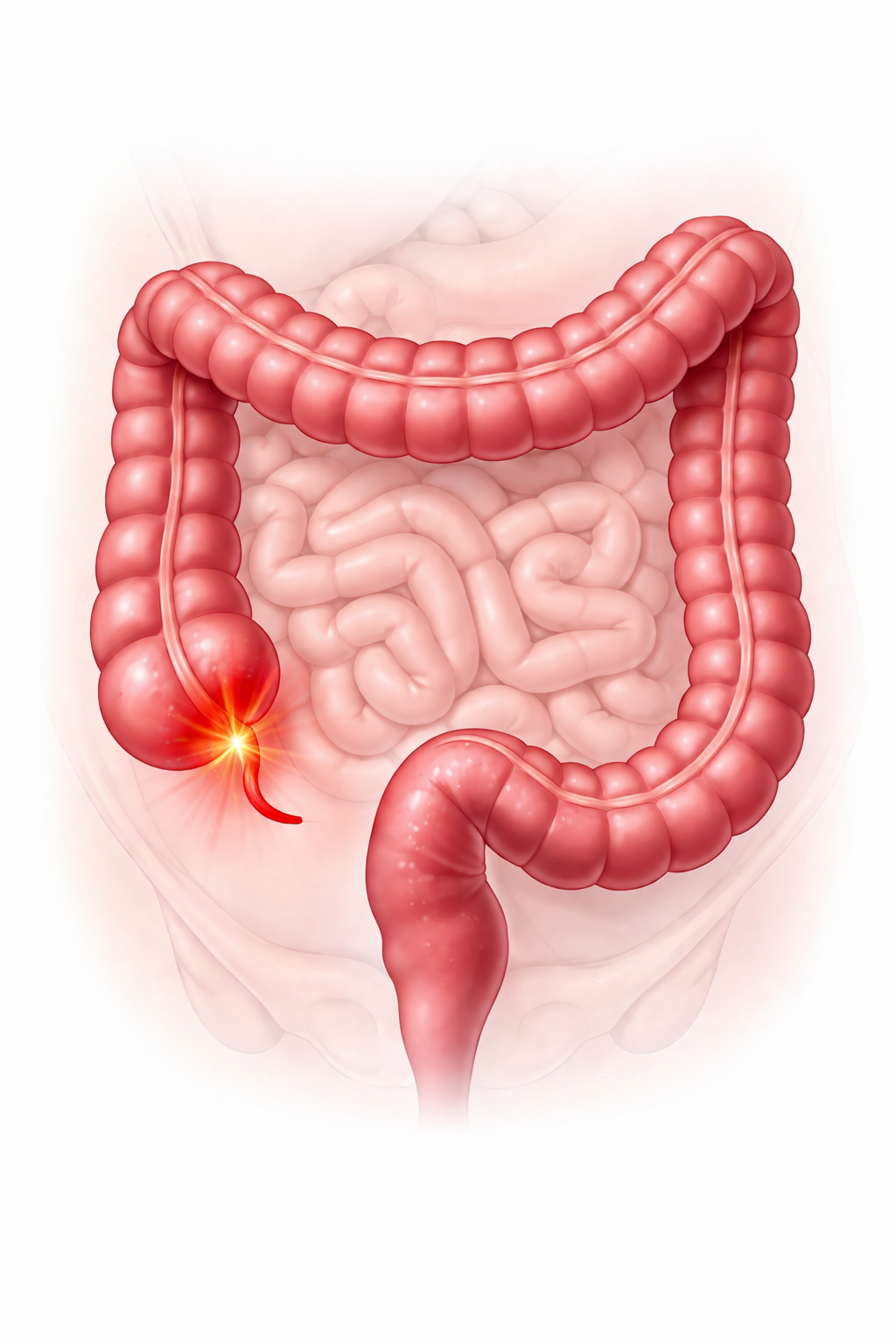 Illustration of the human digestive system focusing on the large intestine, with a highlighted inflamed or infected appendix.
