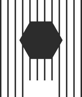 Black background with vertical white stripes and a central black octagon.