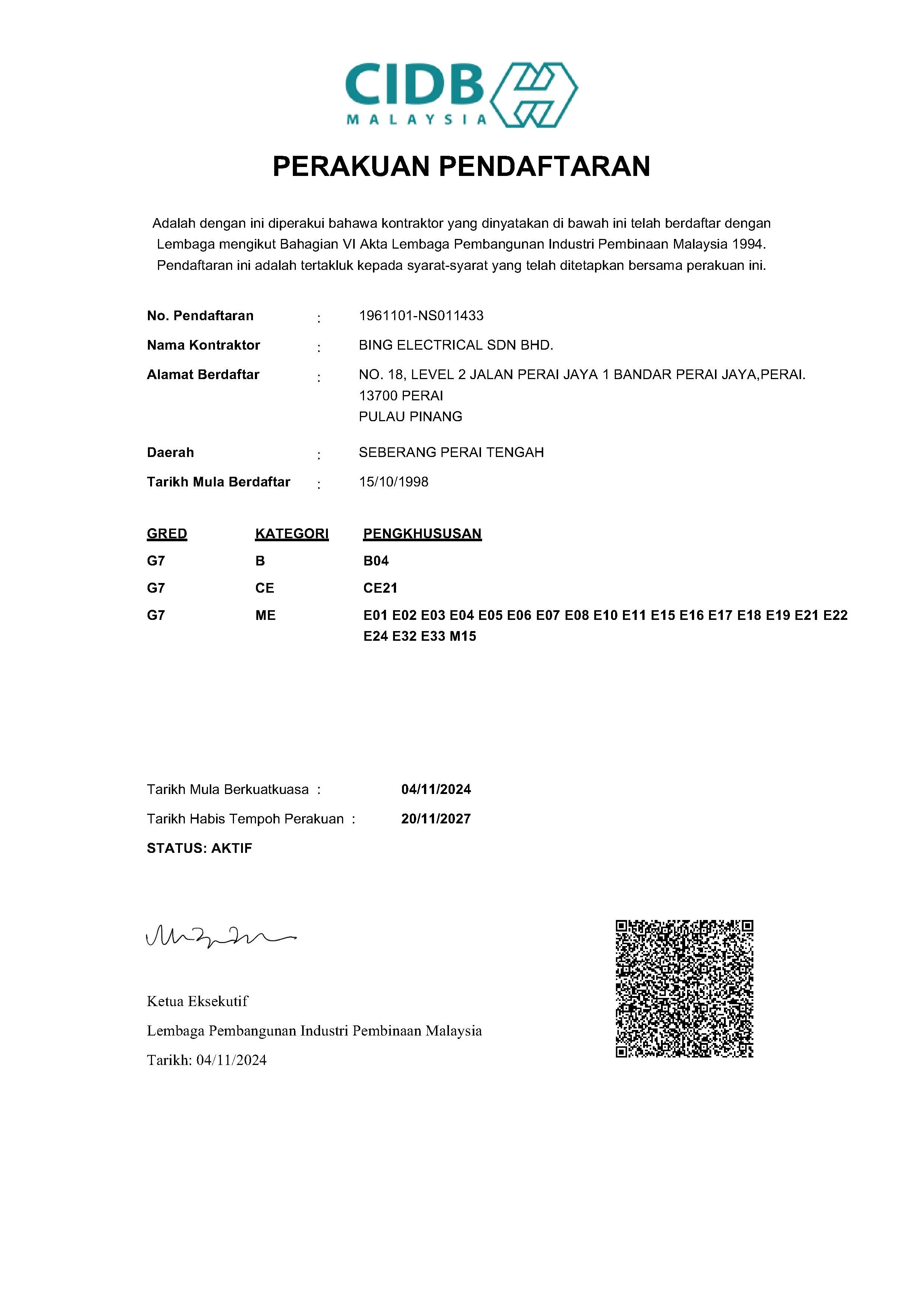 Registration certificate from CIDB Malaysia, issued to BING ELECTRICAL SDN BHD, with registration details, categories, and validity dates, along with a QR code and official signature.