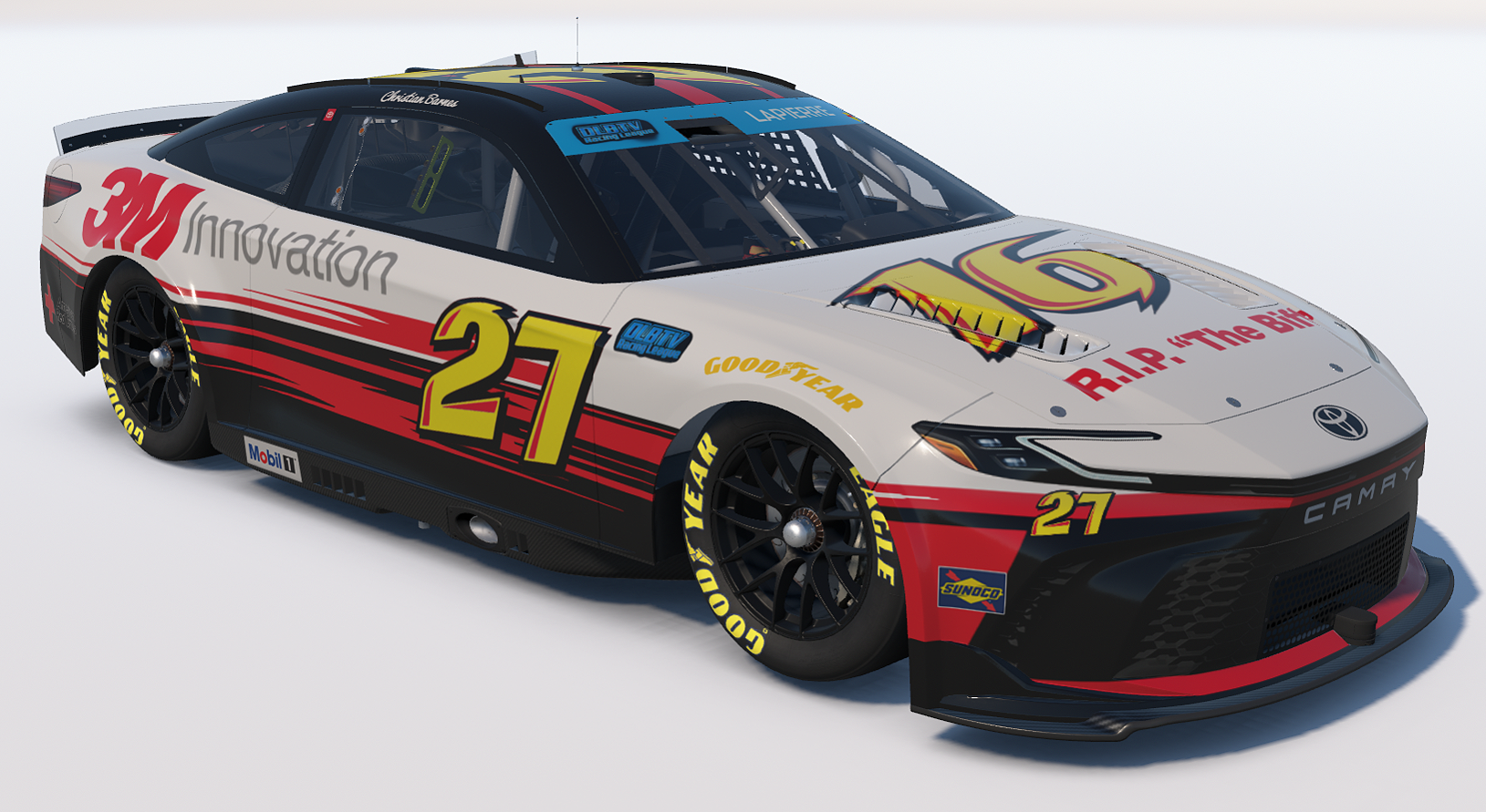 White race car with black, red, and yellow decals, number 27, featuring the Toyota logo, various sponsor logos, and the phrase "R.I.P. 'The Bits'" on the hood.