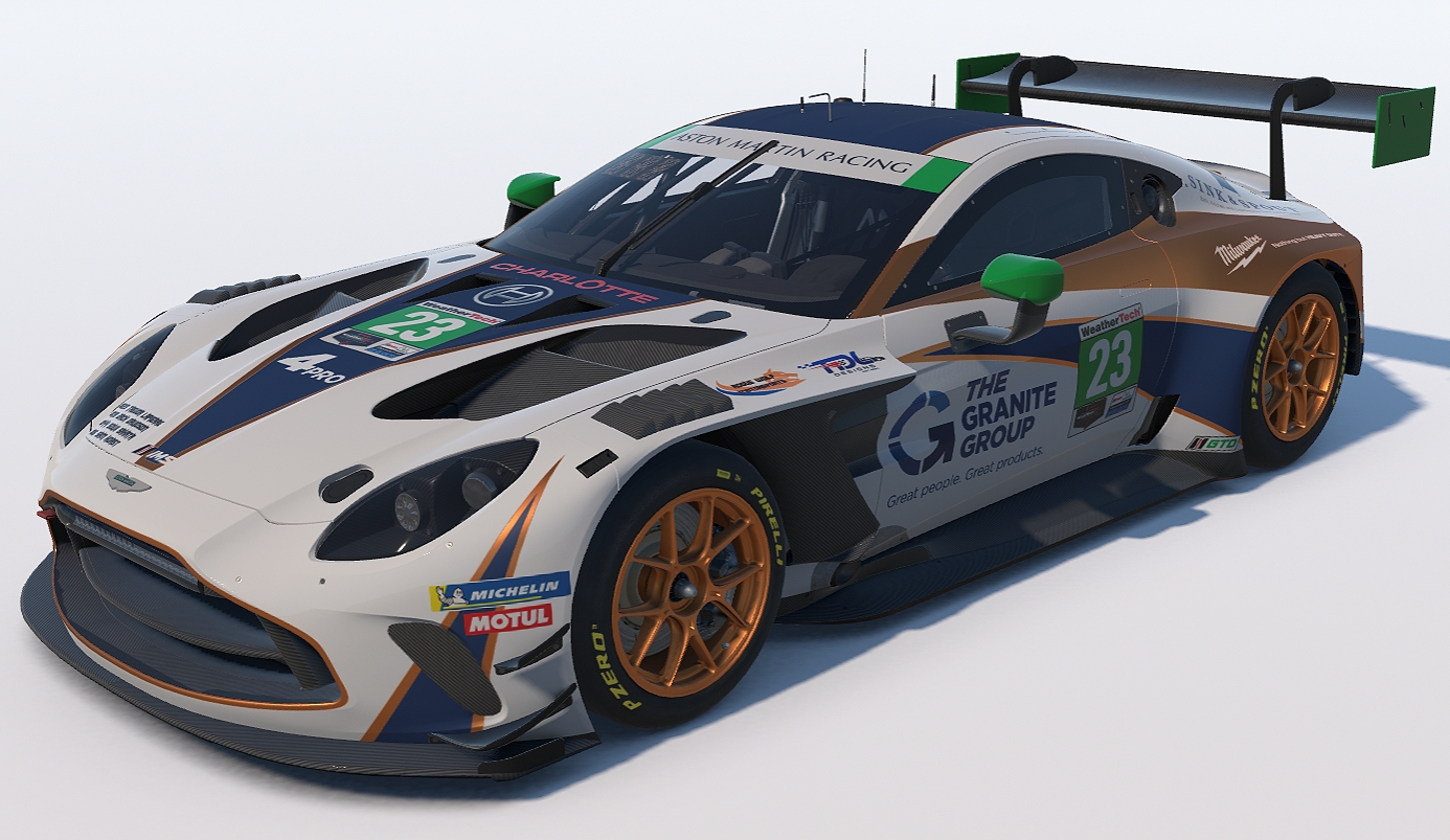 A white, blue, brown, and black race car with orange wheels, sponsorship logos, and a rear wing, displayed on a white background.