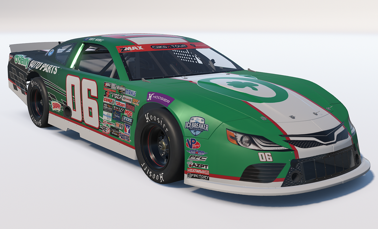 A race car decorated in green, white, and gray with the number 06 and various sponsor logos, including Hoosier and Icebreaker, on a white background.
