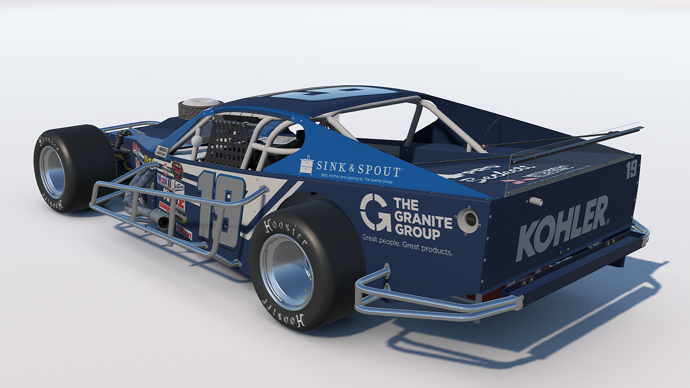 Blue race car with sponsor logos, racing number 19, side and rear view showing aerodynamic design and racing tires.