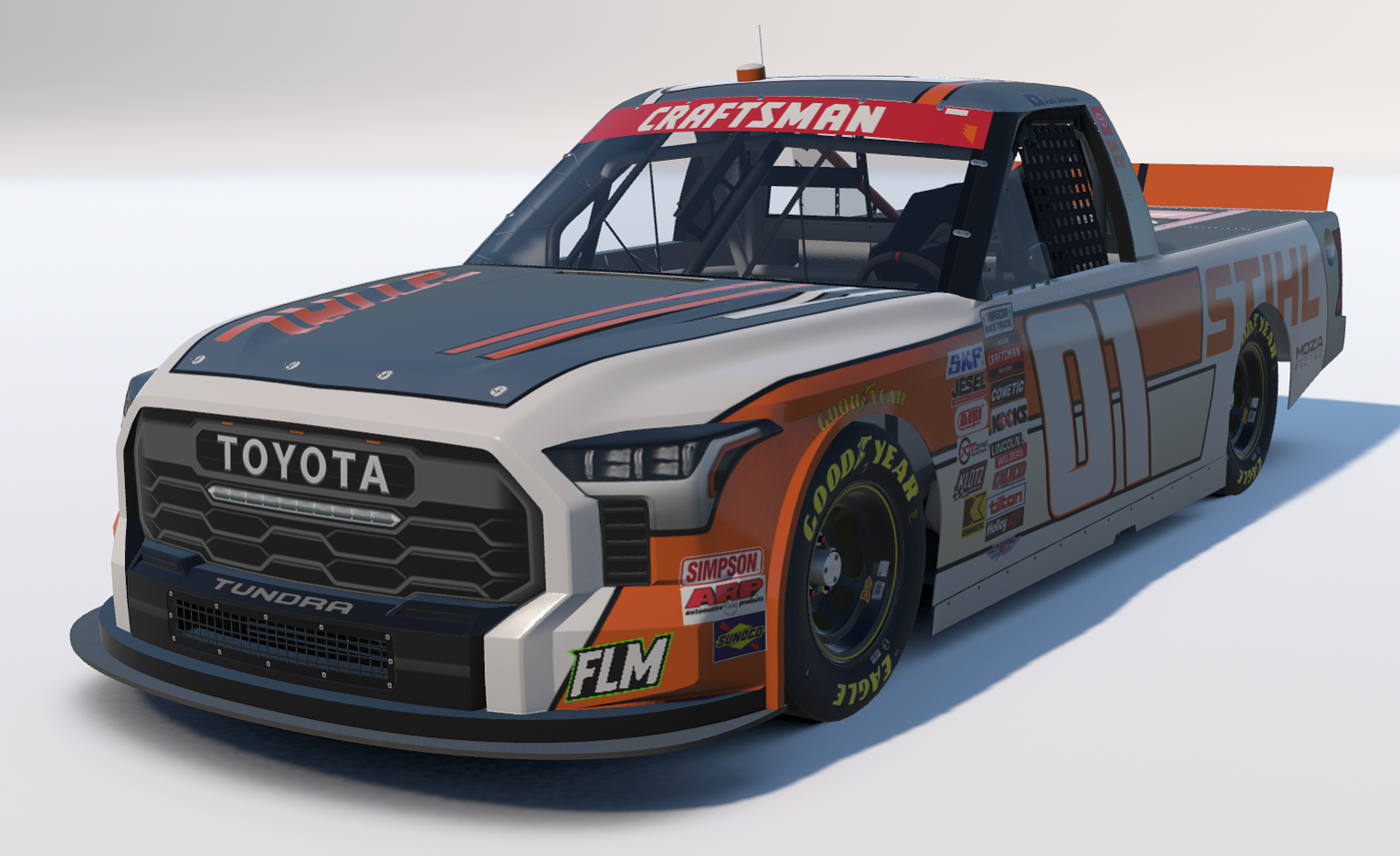 A race car with a black, white, and orange color scheme, featuring sponsor logos and the number 01, parked on a plain surface.