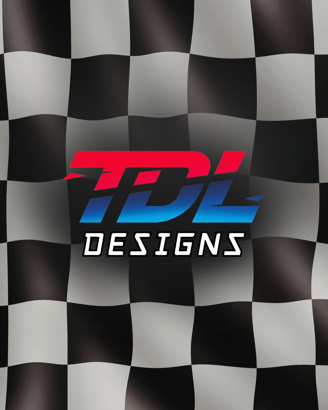 A checkered black and white racing flag with the text 'TDT Designs' in red, blue, and white letters.