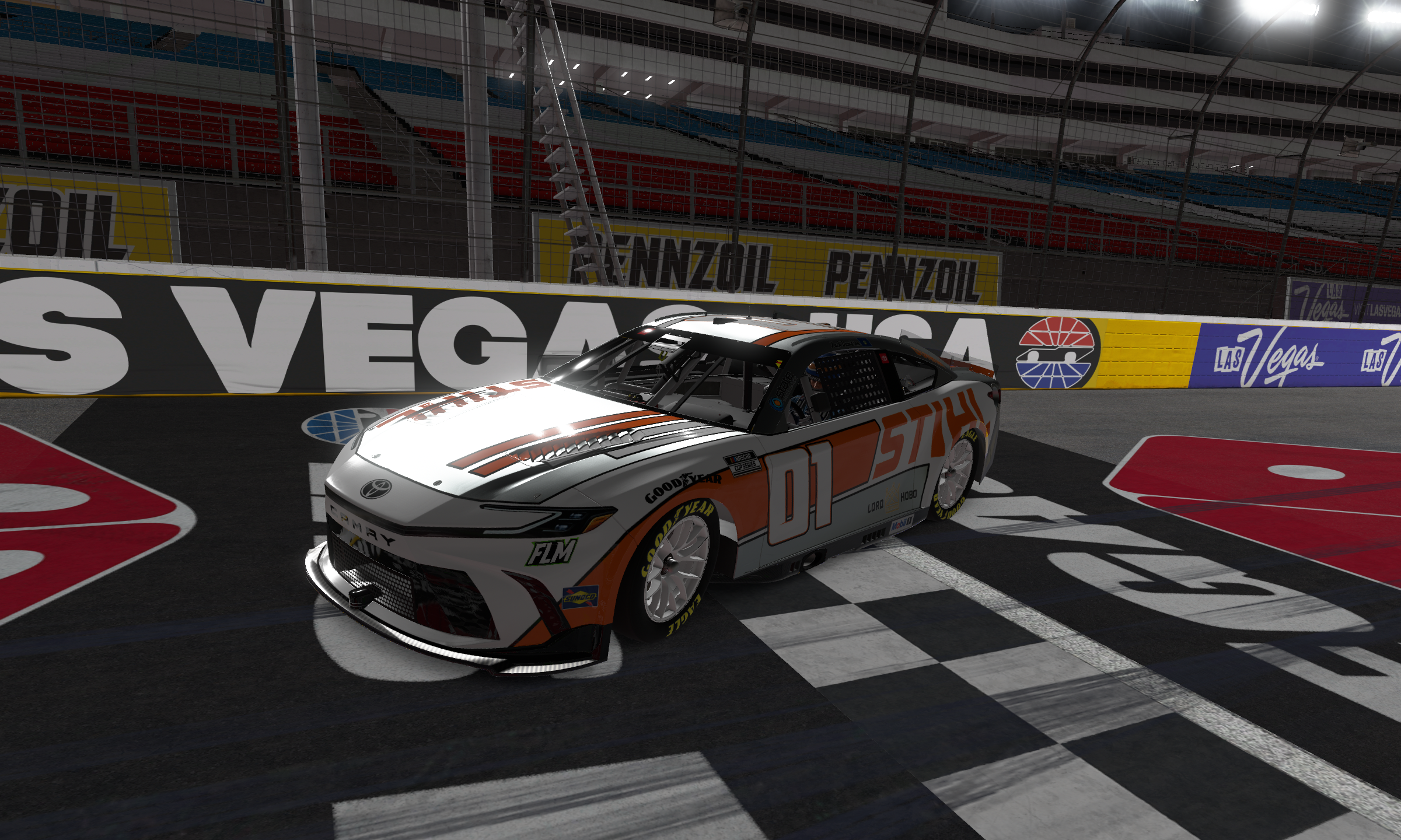 Race car on a finish line at Las Vegas Motor Speedway