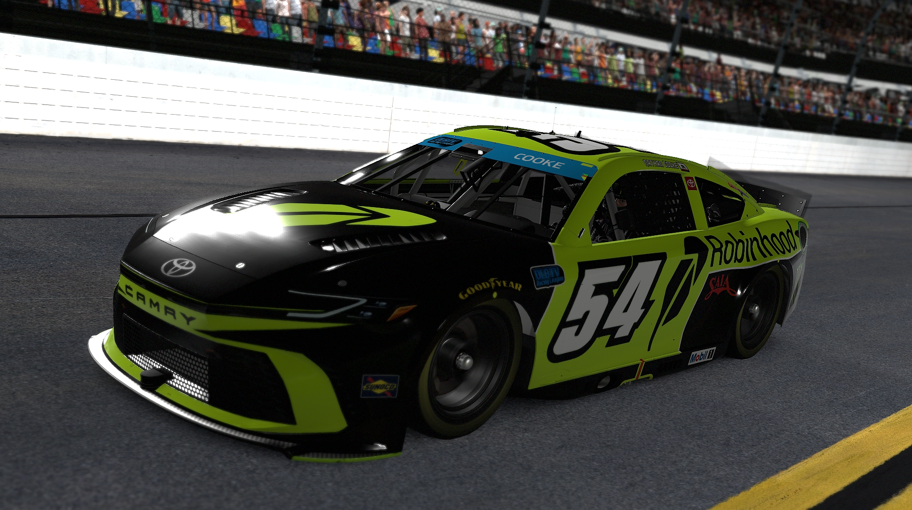 Black and neon yellow Toyota race car number 54 with Robinhood sponsor logo, on a racetrack with a crowd in the stands.
