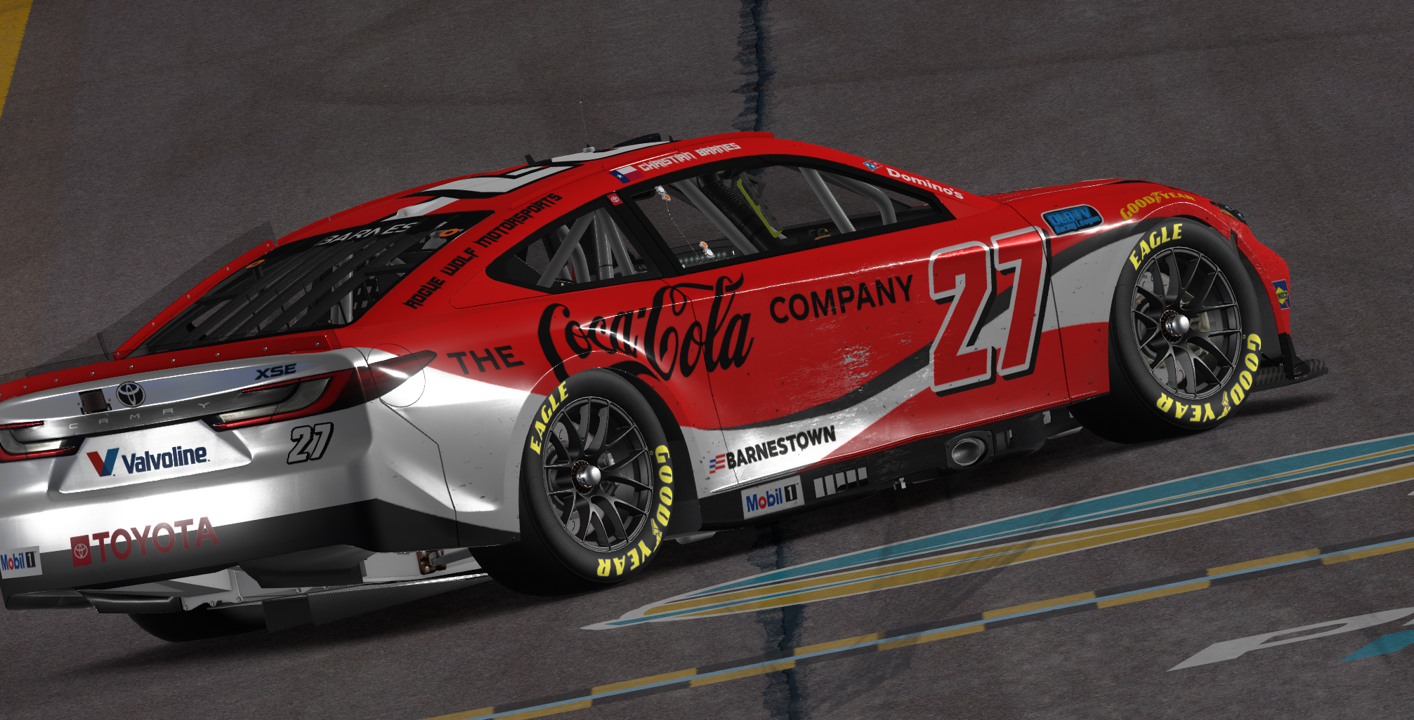 A race car with Coca-Cola sponsorship on a racetrack, featuring the number 27, with tires branded 'Goodyear Eagle' and various sponsor logos