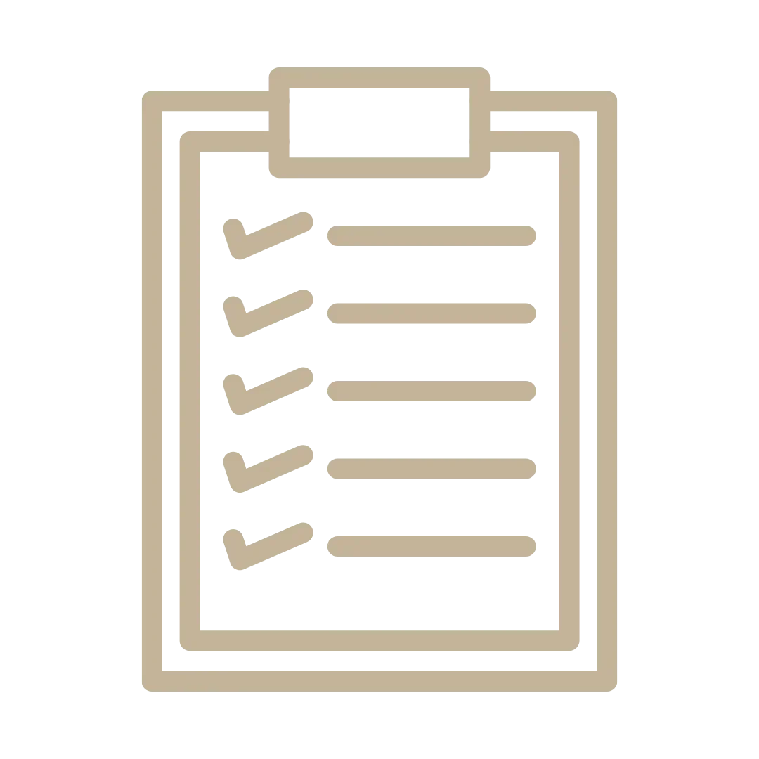 A beige clipboard with a checklist and six checkmarks against a black background.