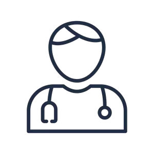 Line drawing of a doctor with a stethoscope around their neck.