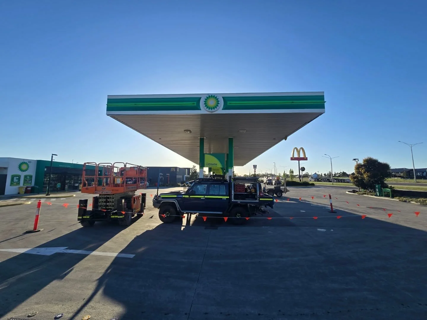 After being damaged by high winds and a truck collision,we were on the canopy repairs today. 
 Getting elevated with a scissor from @highaccessgroup