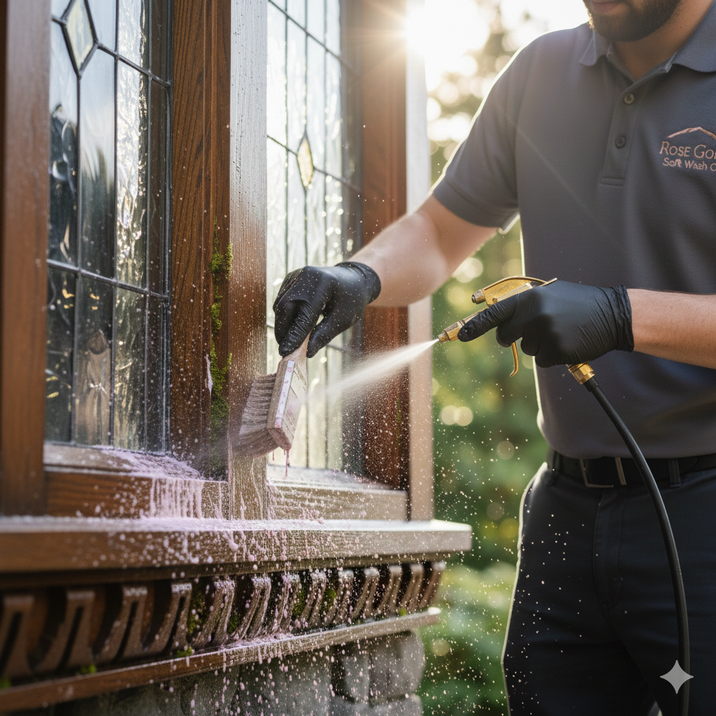 "Professional Rose Gold Soft Wash technician performing low-pressure roof preservation and moss treatment on a luxury shingle home in Seattle."