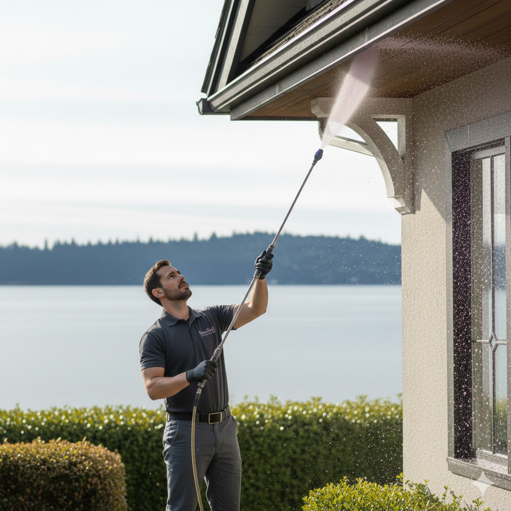Environmentally conscience window cleaning for a waterfront estate. Rose Gold Soft Wash Co. provides specialized glass preservation for properties along Lake Washington in Madison Park and Leschi.