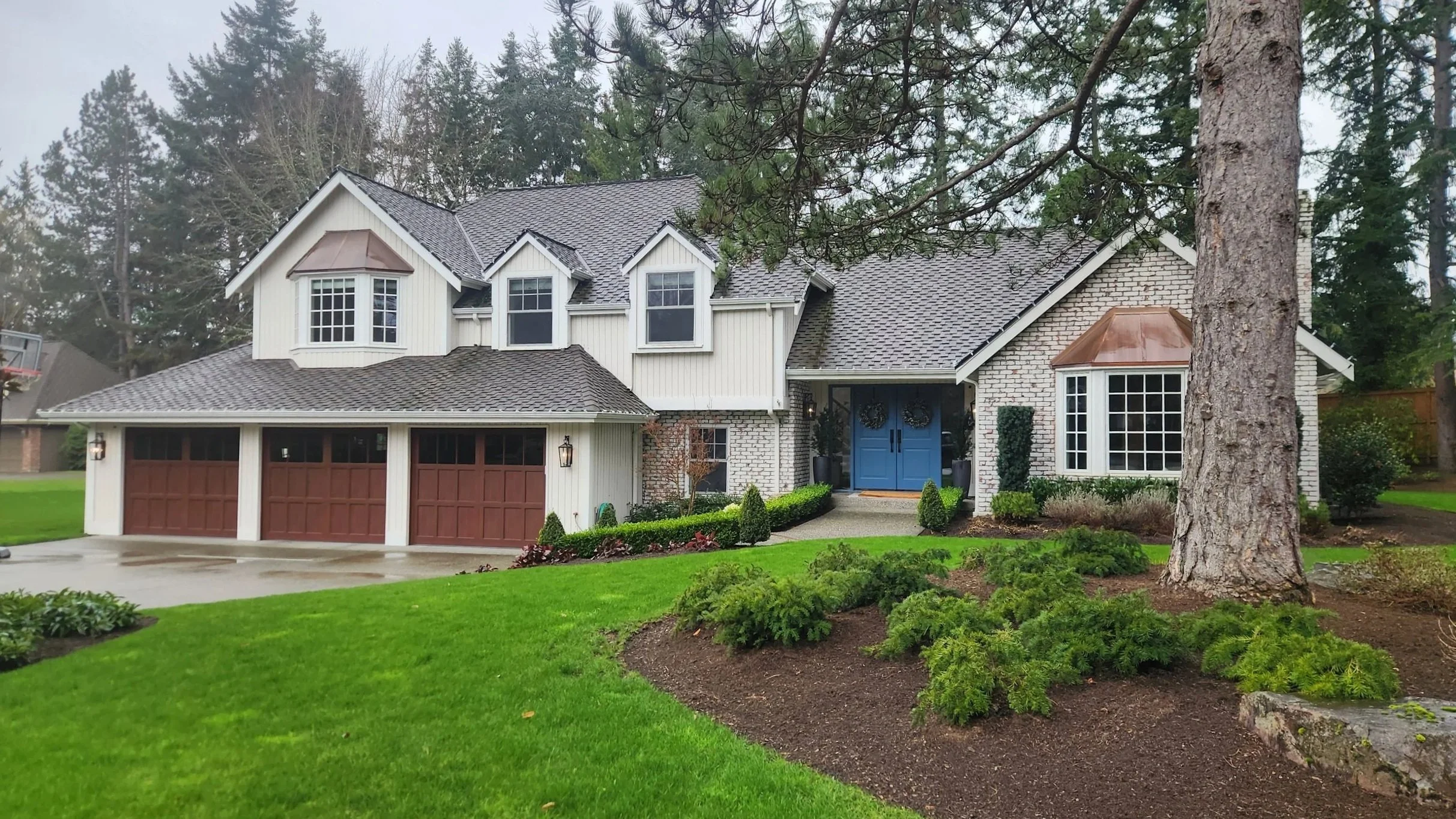 Professional soft wash roof moss remediation on a large Madison Park residence, focusing on organic neutralization and gutter preservation.