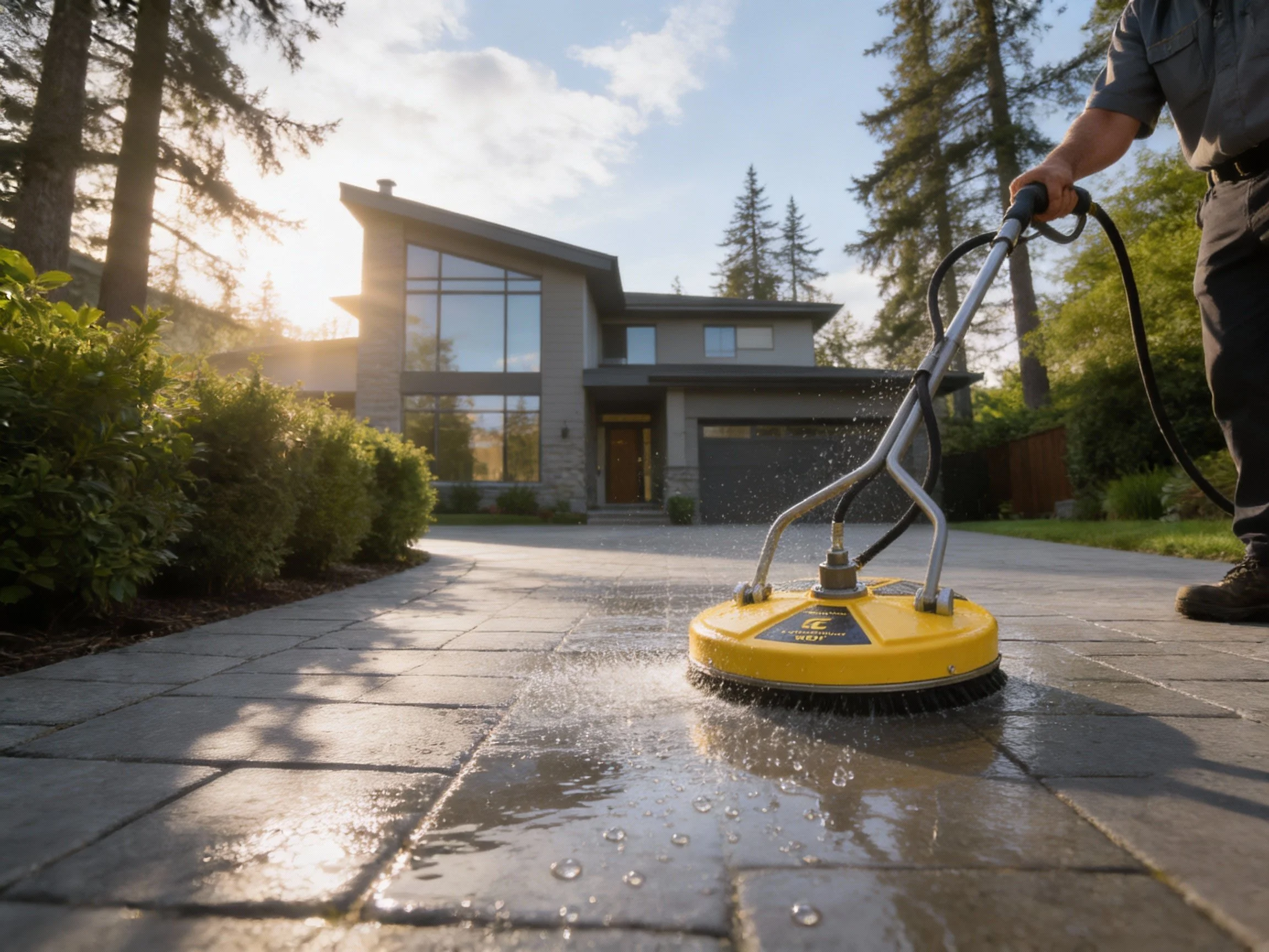 Professional driveway pressure washing and surface cleaning service for a modern Seattle home by Rose Gold Soft Wash Co.