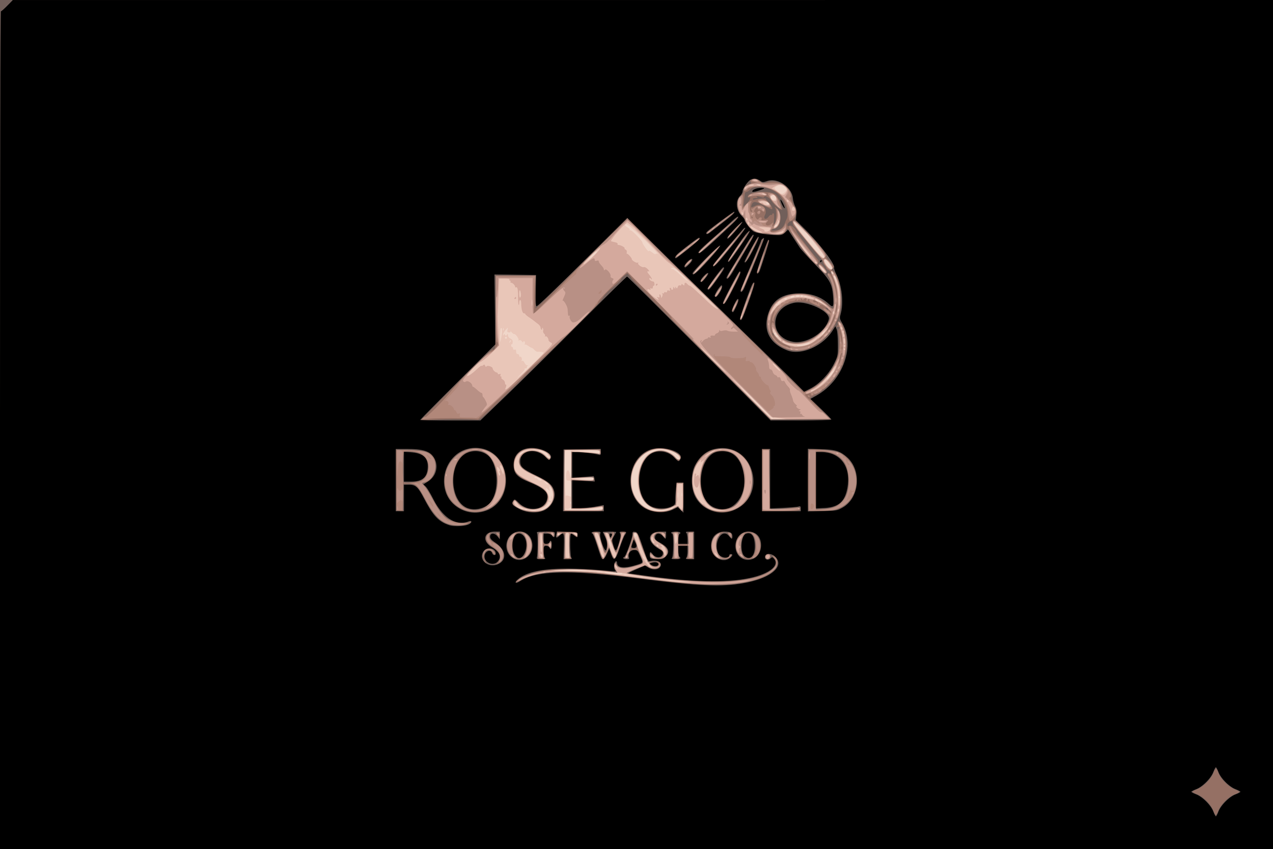 Logo for Rose Gold Soft Wash Co, featuring stylized rooftop with a rose gold showerhead spraying water, black background, and elegant rose gold text.