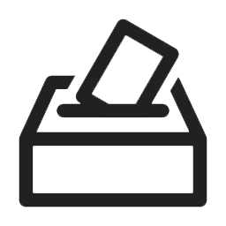 Outline drawing of a square ballot box with a paper ballot being dropped in