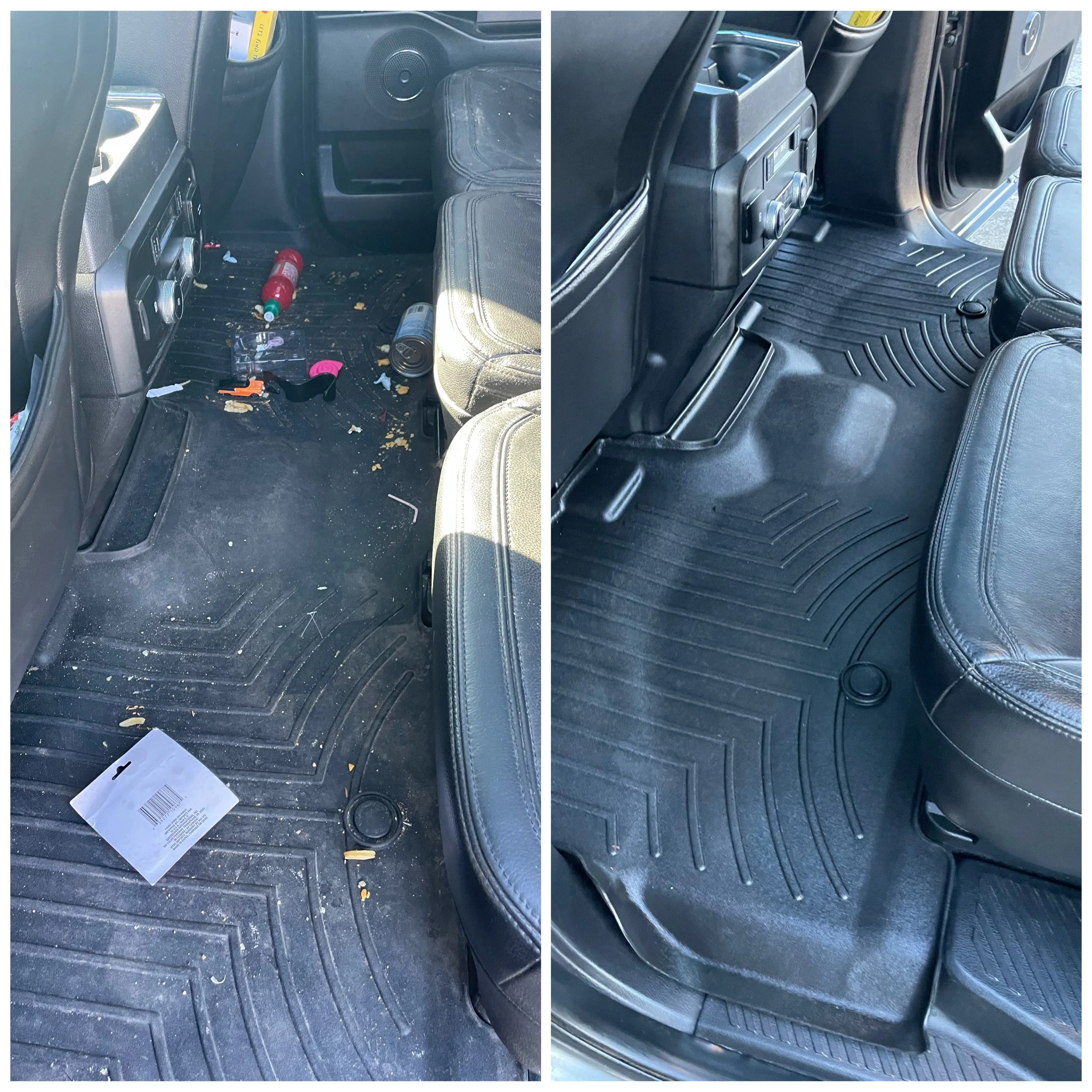Before and after images of a vehicle's backseat area. The left shows the area messy with trash, dirt, and debris, while the right shows it clean and vacuumed.