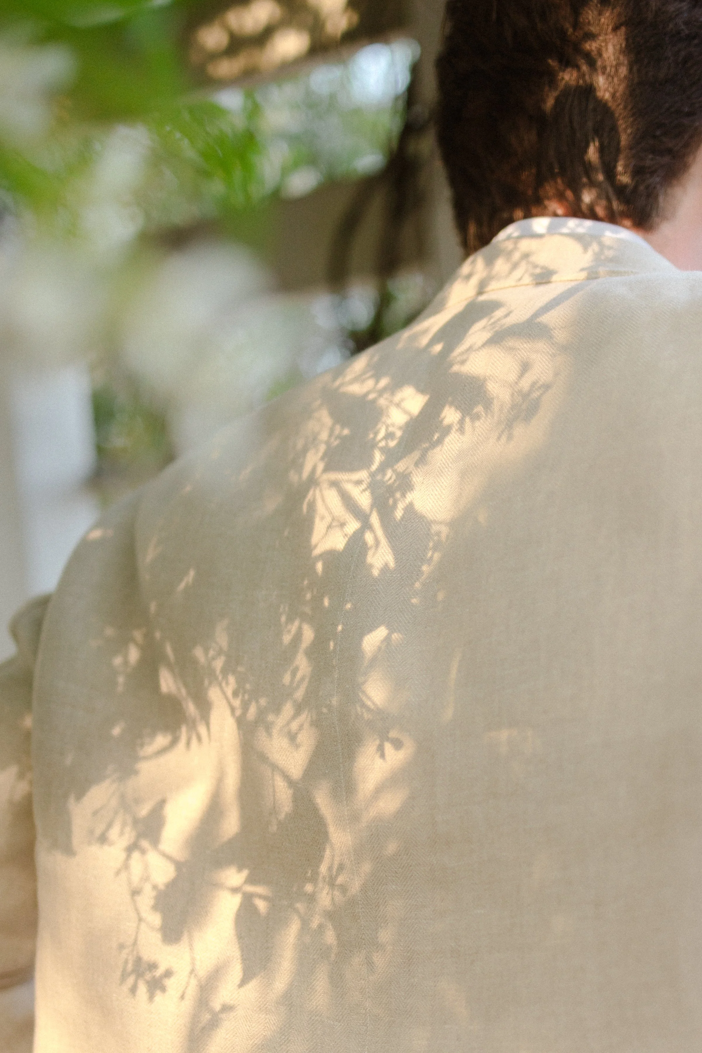 The shadow of tree branches and leaves cast on the back of a person wearing a light-colored shirt, with part of their head and neck visible.