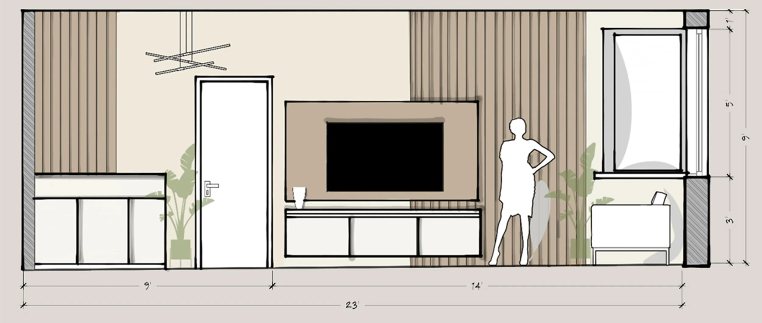Interior design plan of a living room with a TV, two potted plants, a door, large window, and a silhouette of a woman standing with her hand on her hip, with measurements for dimensions.