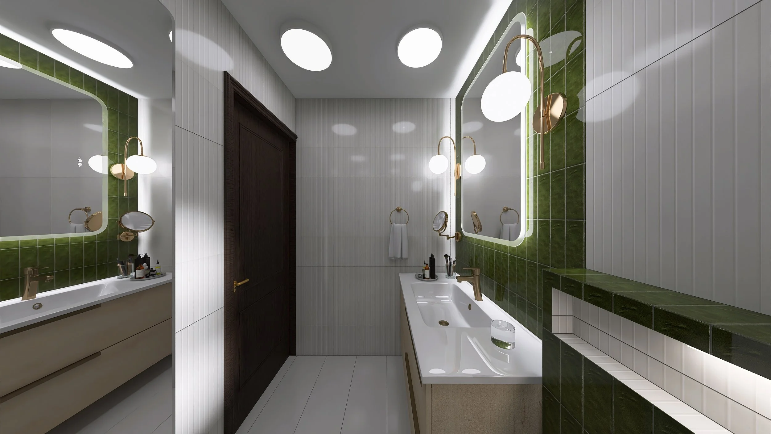 Modern bathroom with white and green tiled walls, large backlit mirrors, gold fixtures, and a double sink vanity.