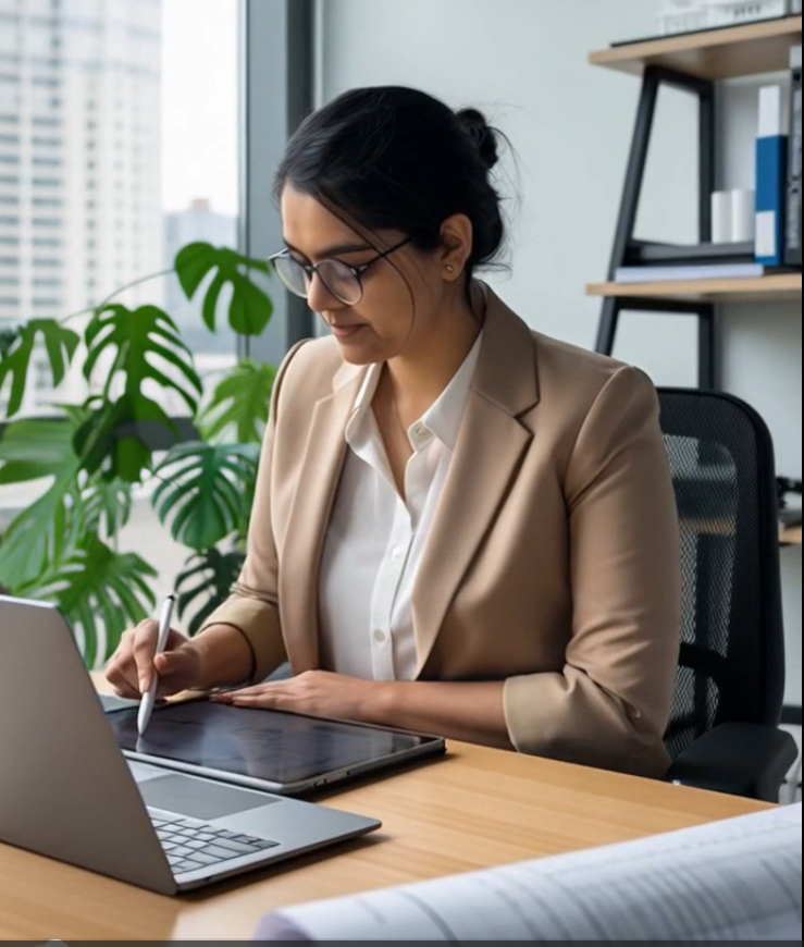 Businesswoman in beige blazer and glasses working on a laptop at her desk in an office with a large window and indoor plant.
