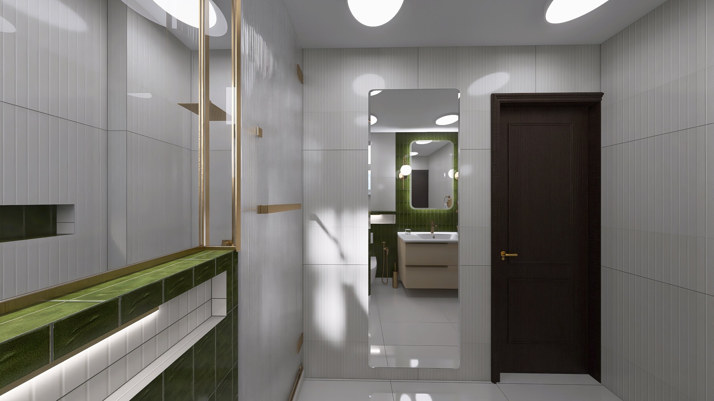 Modern bathroom with white tiled walls, dark wooden door, green tiled countertop, and a large mirror reflecting the room.