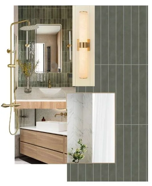 Collage of bathroom elements including a showerhead, mirror, sink, and decorative plants with green and white tiles.