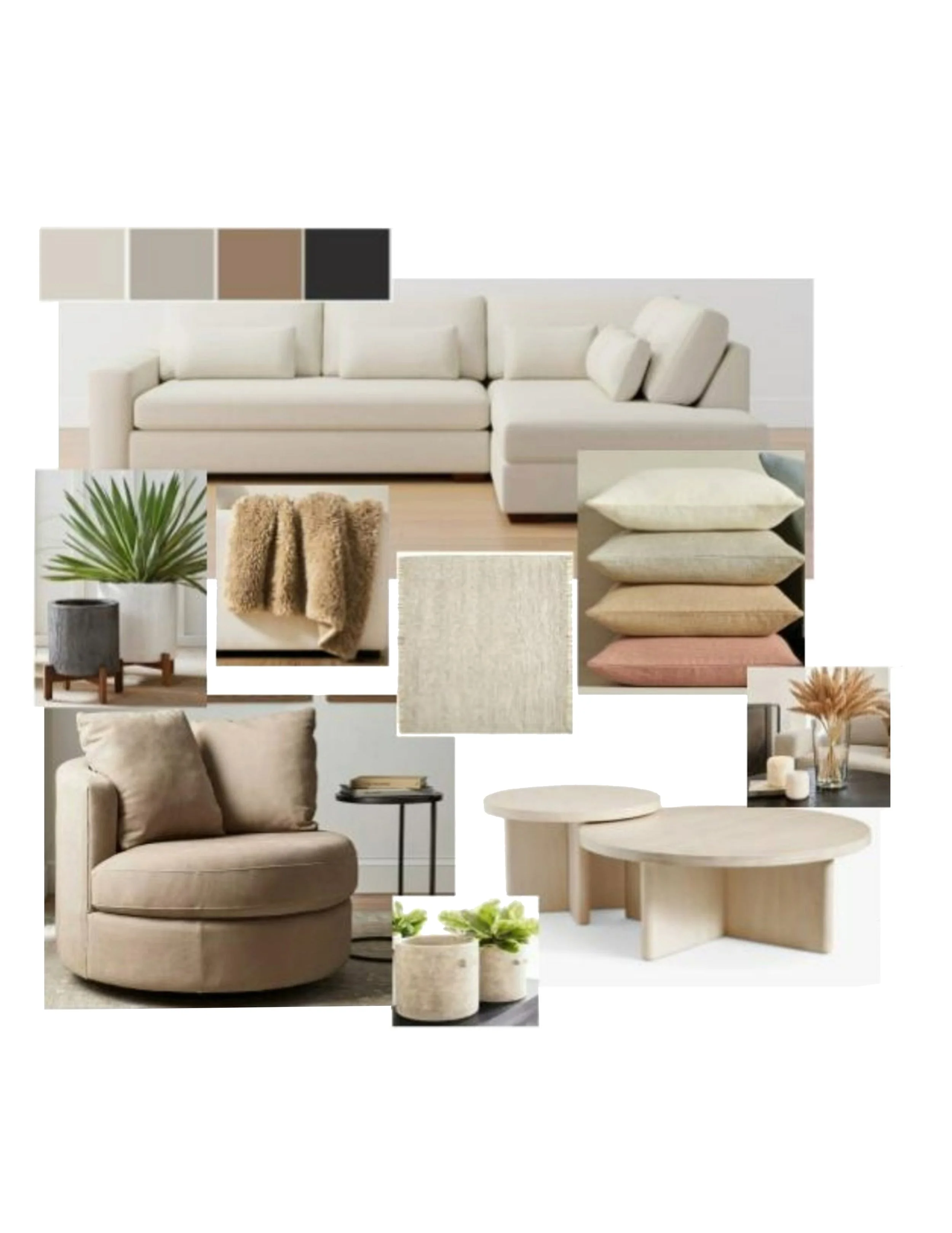 A mood board for a neutral-toned living room with a beige sectional sofa, beige and pastel pillows, a beige round armchair, a modern coffee table, houseplants, and decorative accents in shades of cream, tan, pink, and black.