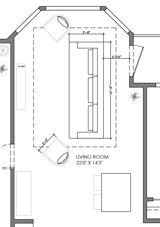 Floor plan of a living room showing a large sofa, two armchairs, a coffee table, a TV unit, and a patterned area rug. The room dimensions are 22 feet 8 inches by 14 feet 3 inches.