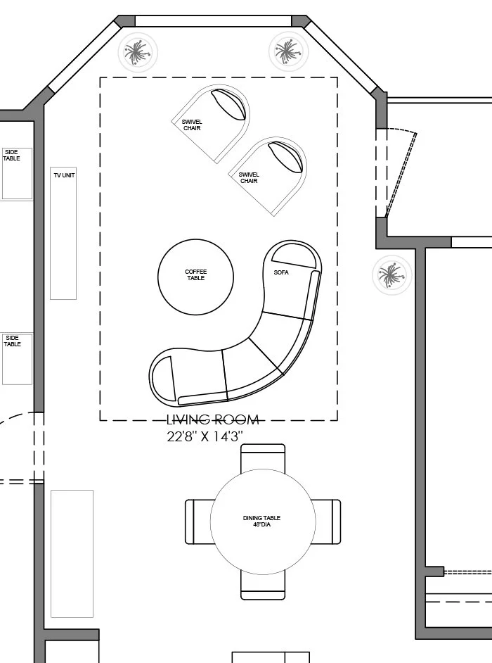 Floor plan of a living room featuring two swivel chairs, a sofa, a coffee table, a dining table with four chairs, and several side tables. There is also a TV unit and two potted plants.