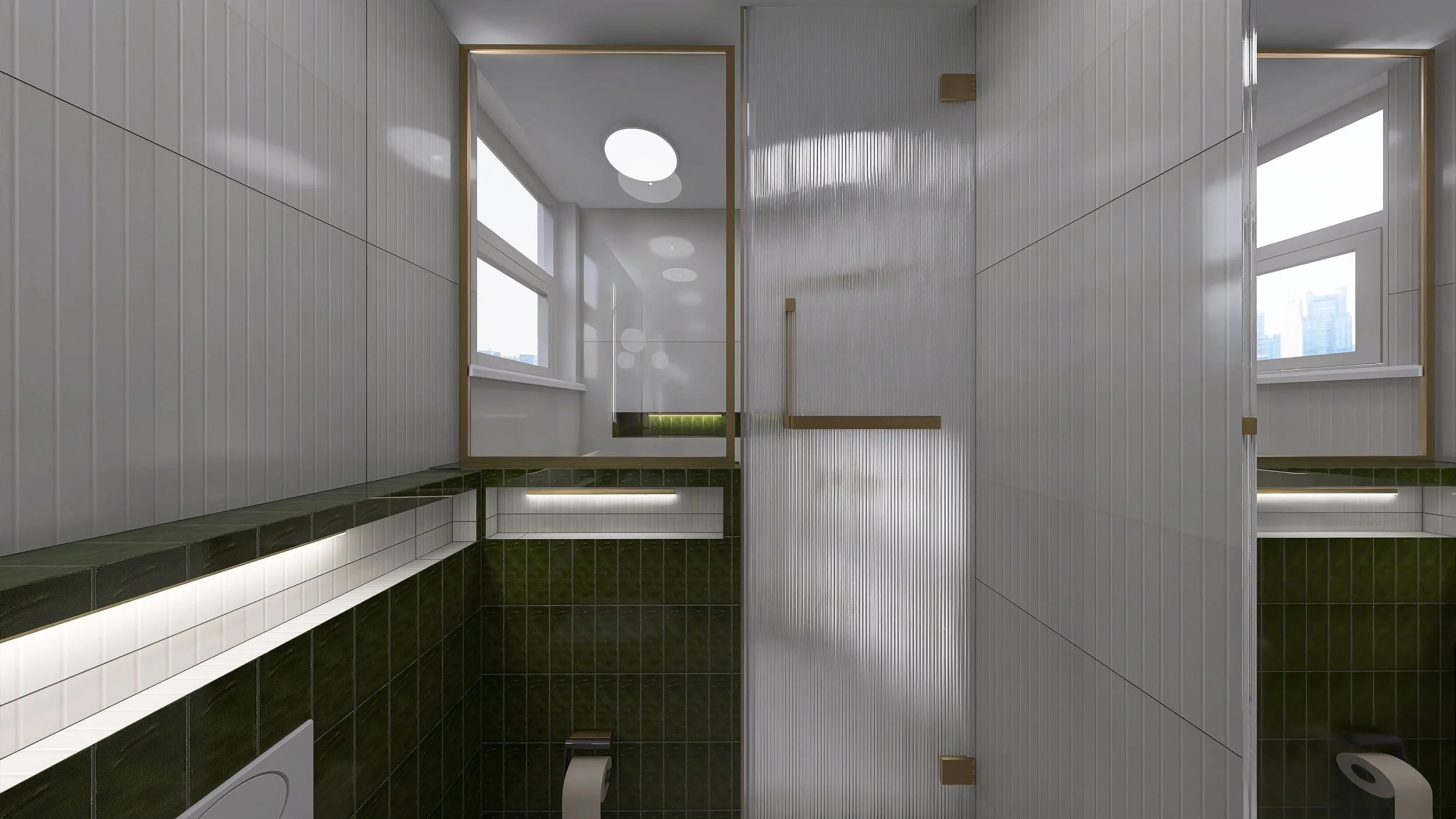 Modern bathroom with white vertical panel walls, green tiled lower walls, and large windows providing natural light.