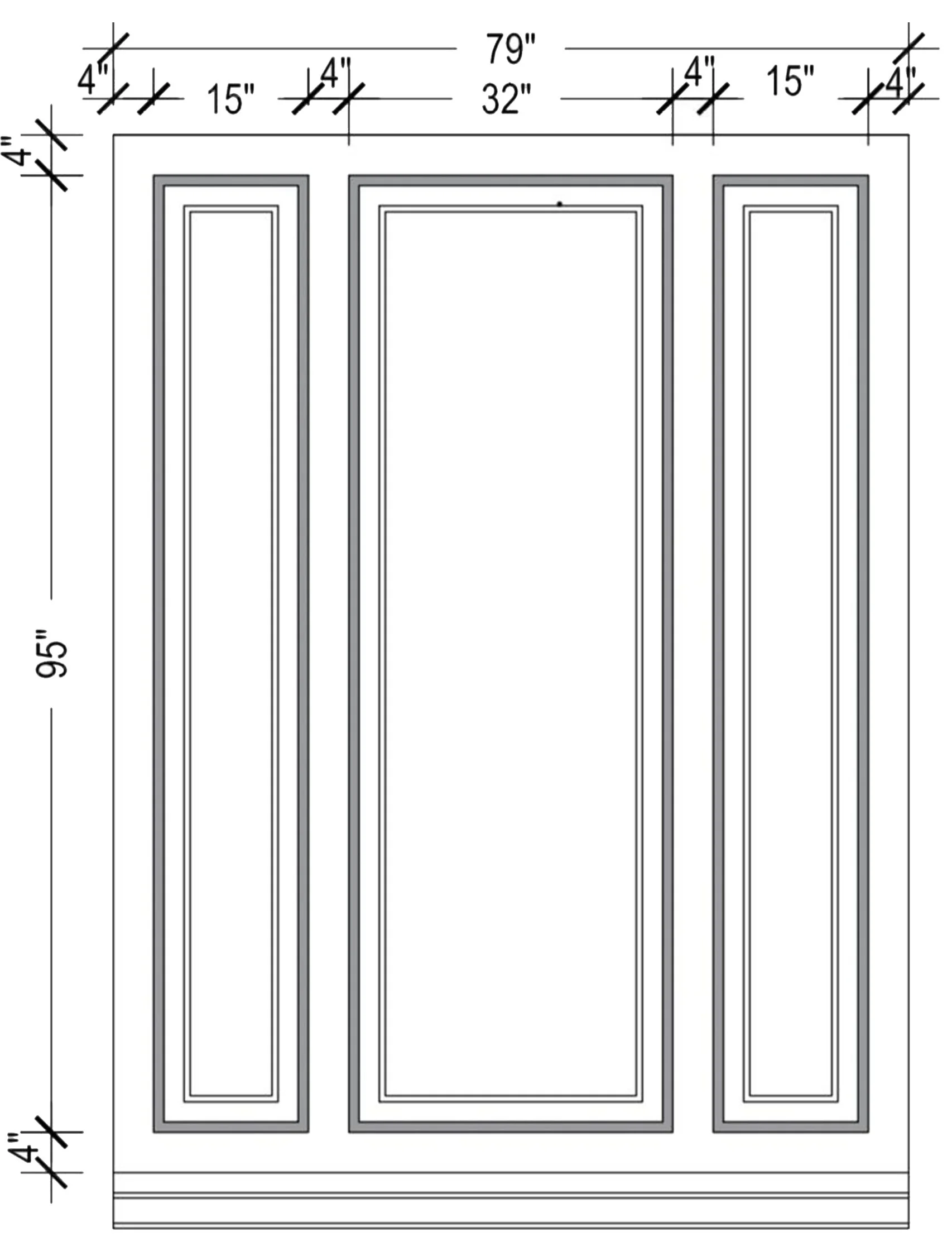 Architectural blueprint of a door with detailed measurements, including height, width, and trim dimensions.