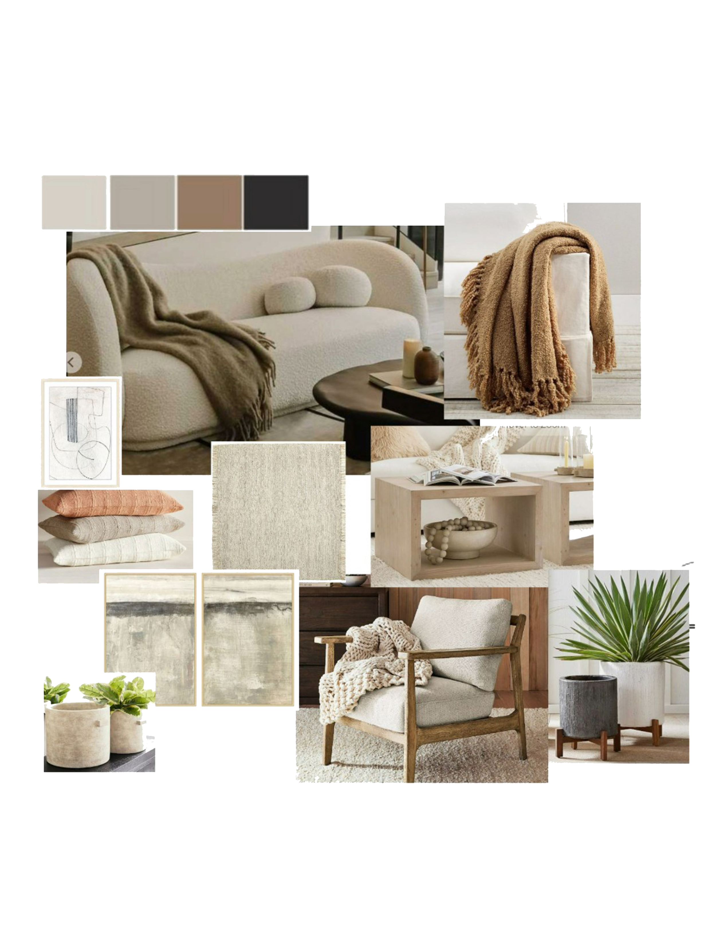 Collage of beige, taupe, and natural-colored home decor including a sofa, throws, pillows, rugs, furniture, and plants.
