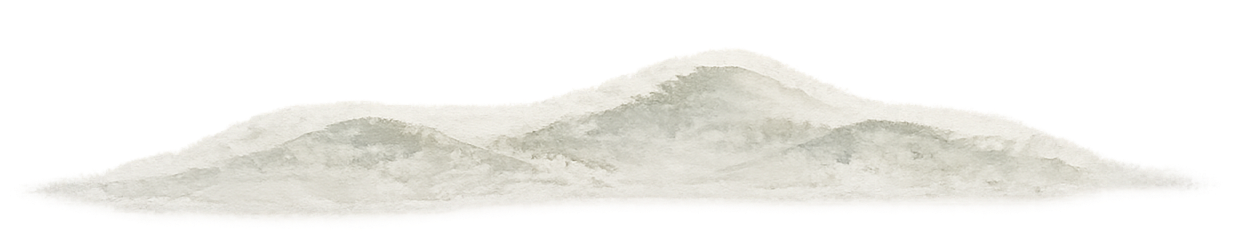 A watercolor painting of a mountain range with a misty, layered appearance.