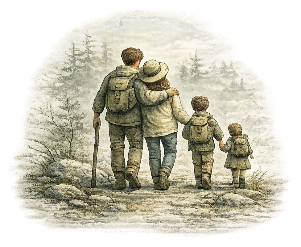 A family of five, with two adults and three children, walking along a rocky trail in a forested area, holding hands and embracing in a scenic outdoor setting.