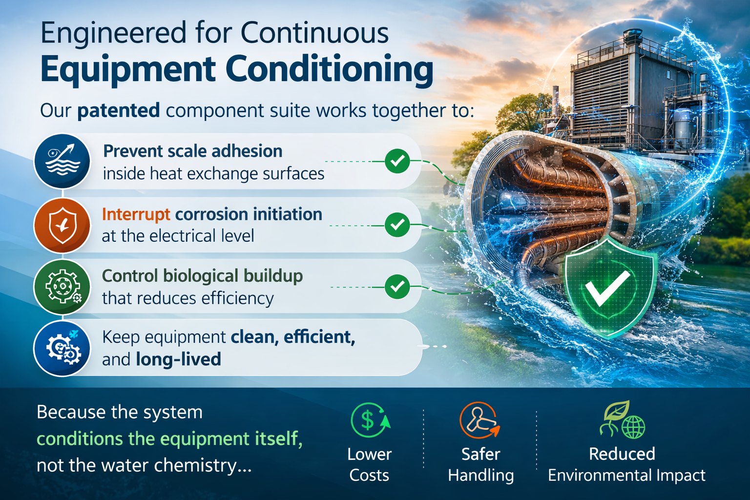 infographic explaining scale prevention, corrosion control, and biological reduction in HVAC water systems.