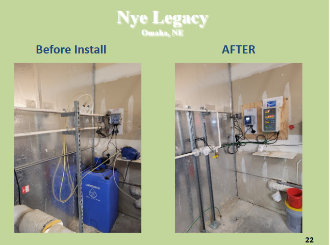 Side-by-side comparison of a laundry room before and after waterproofing and finishing. The 'before' shows an unfinished workspace, while the 'after' shows a transformed, cleaner space with organized plumbing and electrical work, part of Nye Legacy in Omaha, NE.