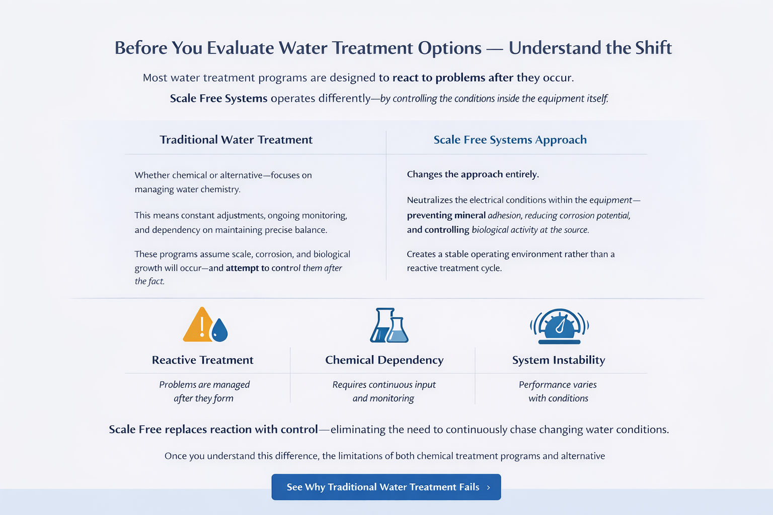 Comparison of traditional chemical water treatment versus physics-based Scale Free Systems approach.