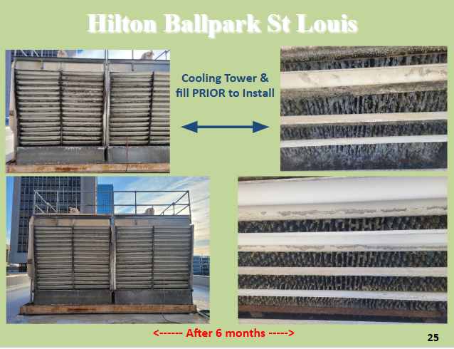 Cooling tower fill media before and after treatment at Hilton Ballpark St. Louis showing reduced dirt, debris, and foulin