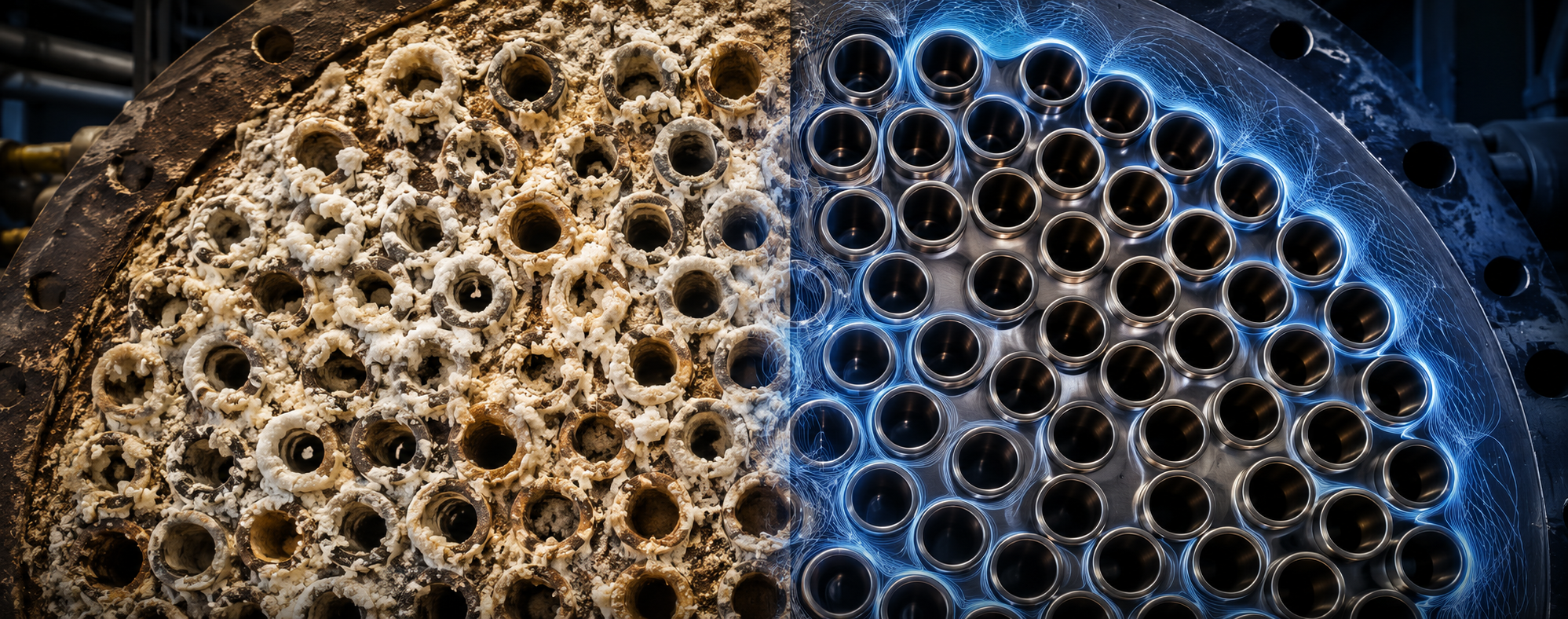 Commercial heat exchanger tubes showing heavy mineral scale buildup compared with clean surfaces protected by physics-based water treatment.