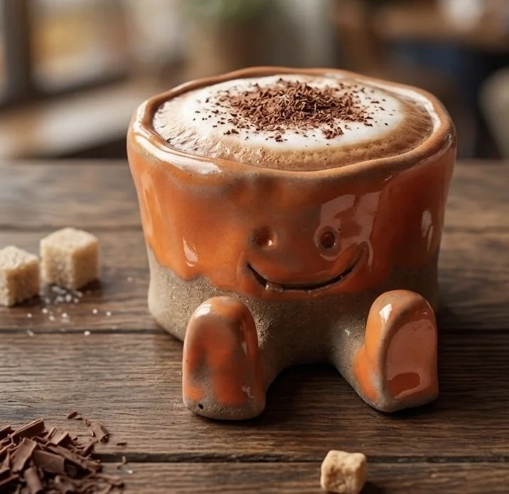 A cute ceramic coffee mug shaped like a smiling character, filled with frothy cappuccino topped with chocolate shavings, on a wooden table with sugar cubes and chocolate shavings nearby.