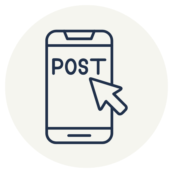 Icon of a smartphone with the word 'POST' on the screen and a cursor arrow pointing at it.