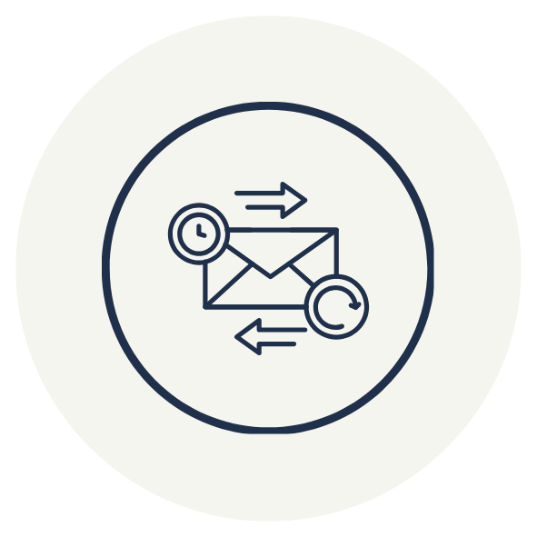 Icon of an email envelope with arrows, a clock, and a circular arrow indicating sending and receiving emails with time synchronization.