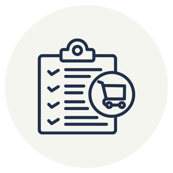 Icon of a checklist on a clipboard with a shopping cart symbol.