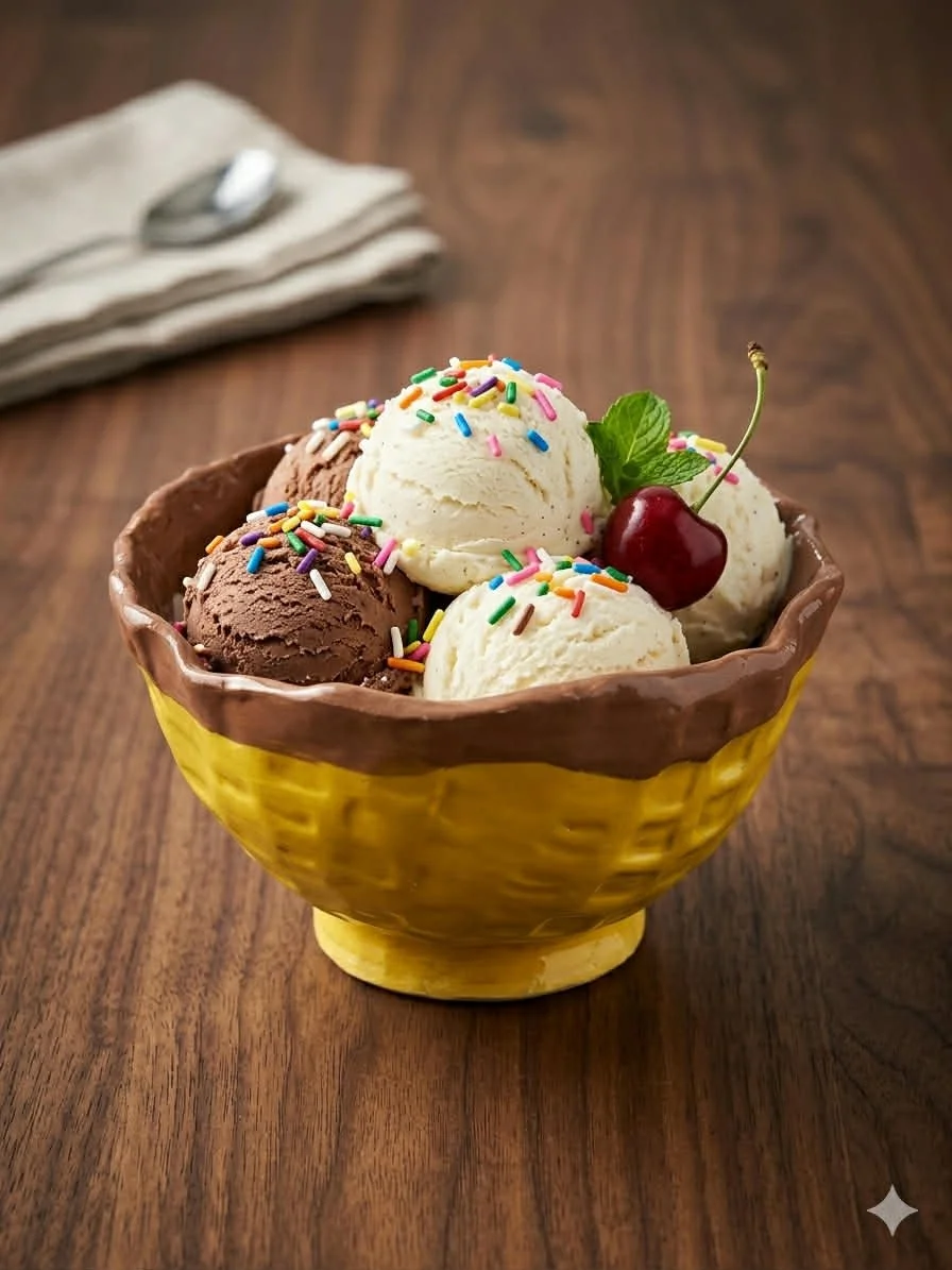 A yellow ceramic bowl with a chocolate and vanilla ice cream scoop, topped with colorful sprinkles, garnished with a cherry and a mint leaf, sitting on a wooden table with a napkin and spoon in the background.