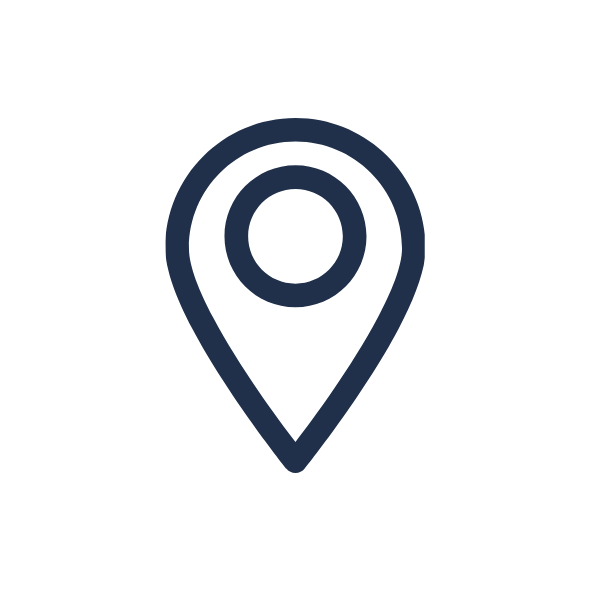 Map location pin icon in blue on a white circular background