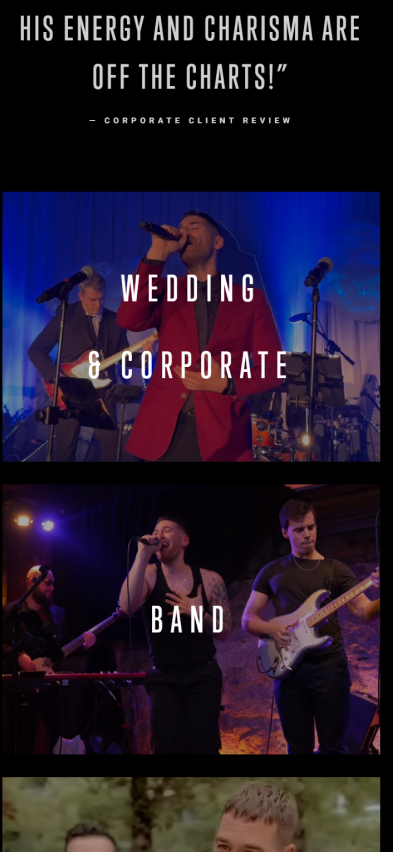 Event poster featuring a band performing live with text highlighting their energetic and charismatic performance, including sections about a wedding and corporate band.