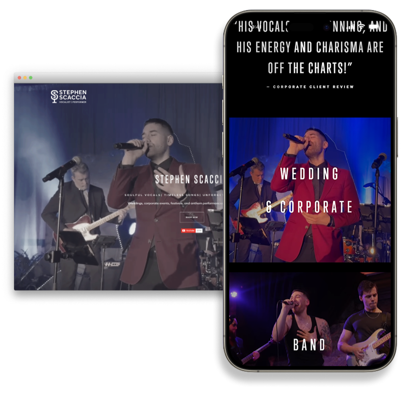 Screenshots of a music artist named Stephen Scaccia performing live with a band, displayed on a desktop and mobile device, promoting wedding and corporate event performances.
